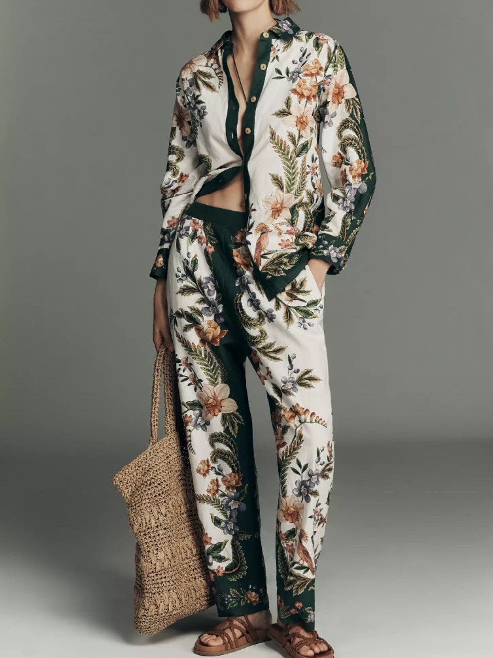 Anthropologie Farm Rio Nature Pants Linen Blend Floral Pattern nwt